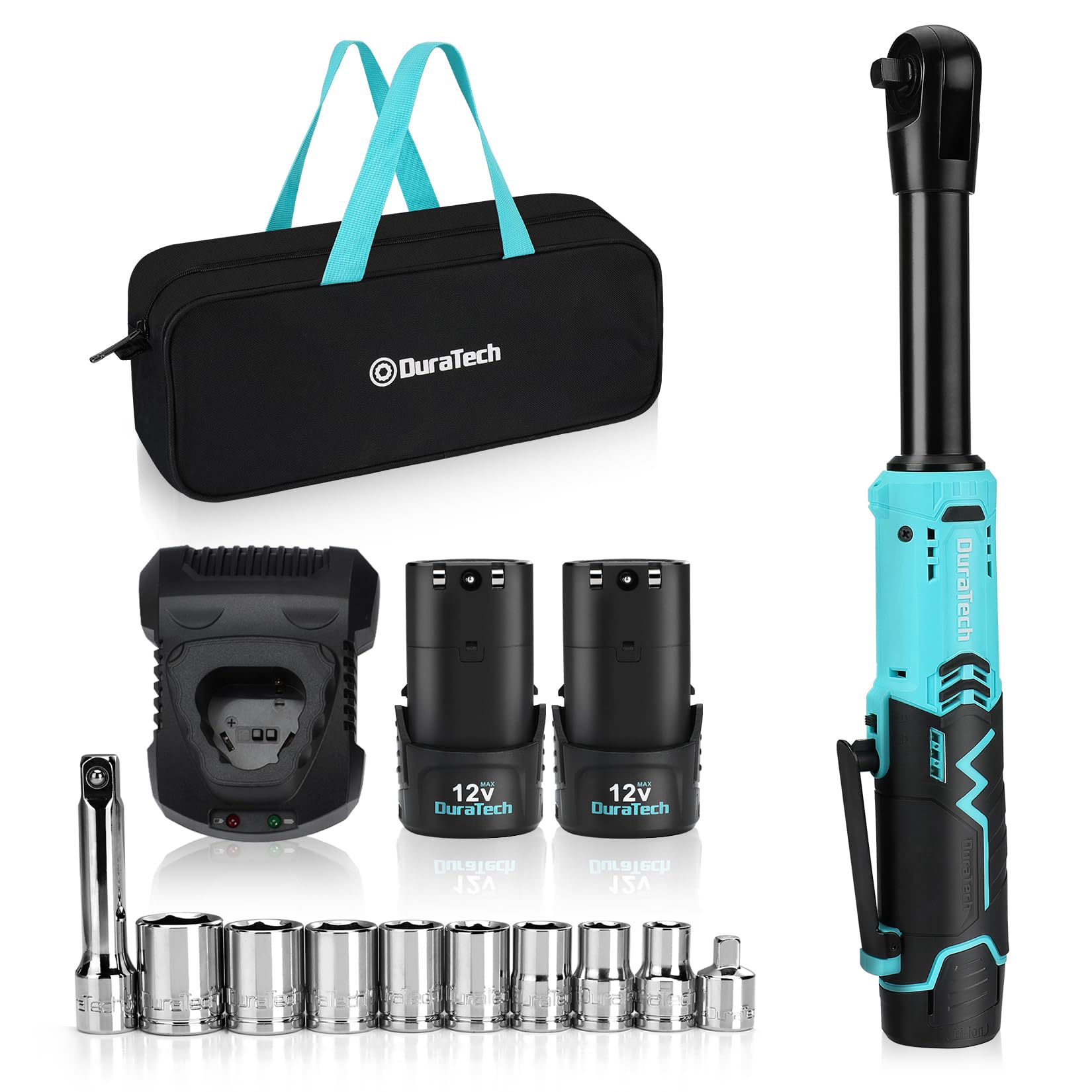 

DURATECH Electric Ratchet 395mm Total Ratchet Wrench Set with Extension Ratchet Max Torque Infinitely Variable Overload Overheat Safety Lock LED