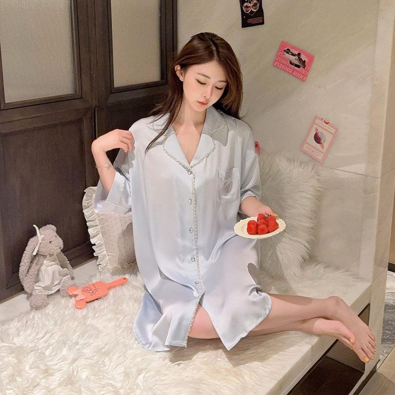 High-end Ice Silk Nightdress Women's Summer Thin Short-sleeved Cartoon Cardigan Pajamas Ice and Snow Silk Outer Wear Silkworm Weiss