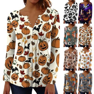 Women's Spring Autumn Pleated Button Down Collar Halloween Print Long Sleeve Top