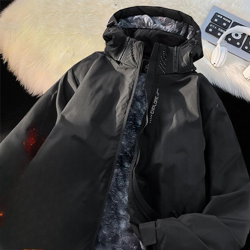 Fleece American jacket men's autumn and winter hooded black outdoor large size windproof trend casual