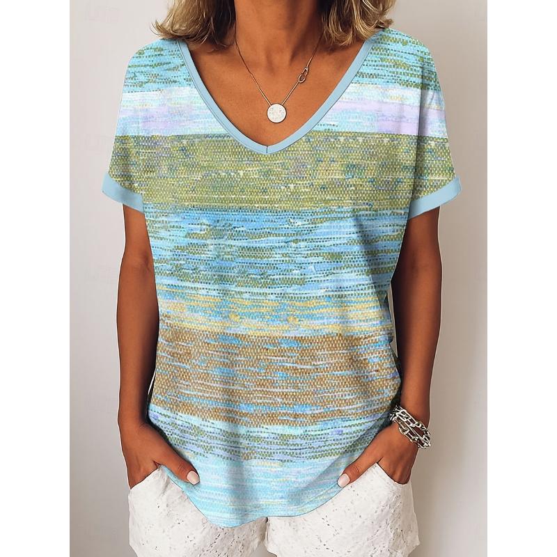 Women's T Shirt Graphic Geometric Striped Vintage Casual Short Sleeve V Neck Regular Tops