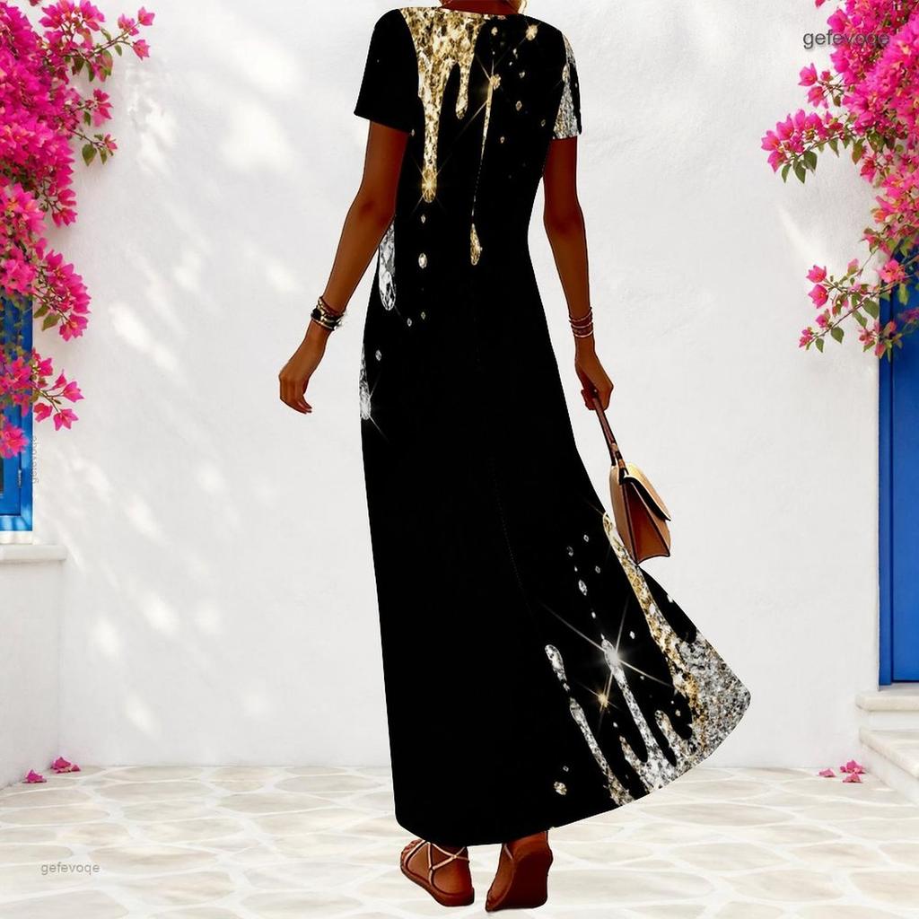 Women Plus Size V Neck Short Sleeve Printed Light Purple Maxi Dress