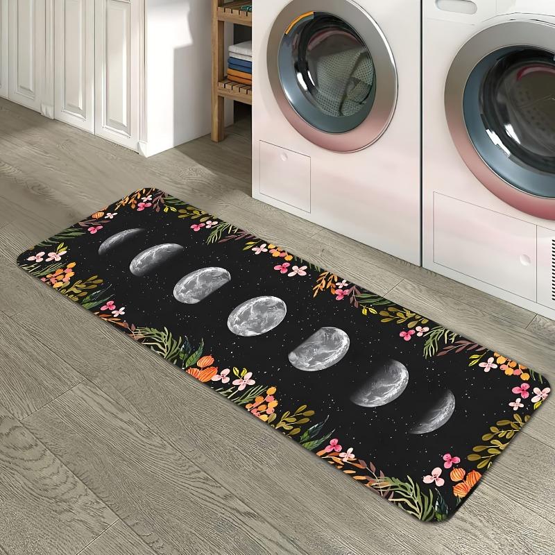 Moon Phase Floral Runner Rug Boho Wildflower Celestial Decor Carpet Non-Slip Nature Astronomy Long Floor Mat for Laundry Room