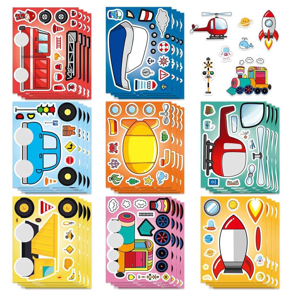 8 Листов Мультяшные Транспортные Средства Сделай Лицо Пазл Наклейки Детская Игра Своими Руками Детский Пазл Образовательные Игрушки