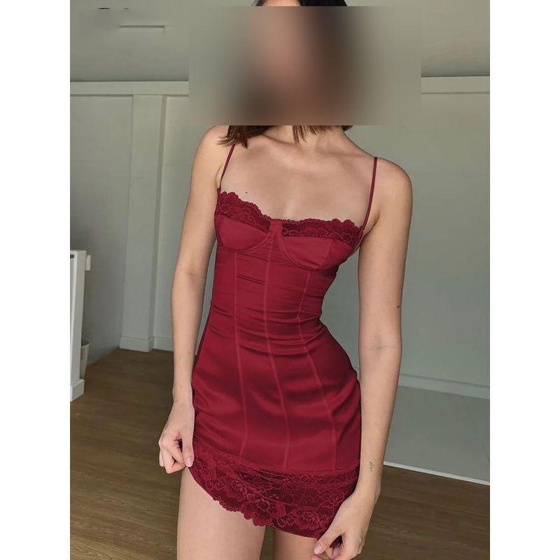 

Lace Splicing Waist Strap Dress Lace Patchwork Sling Dress Claret S