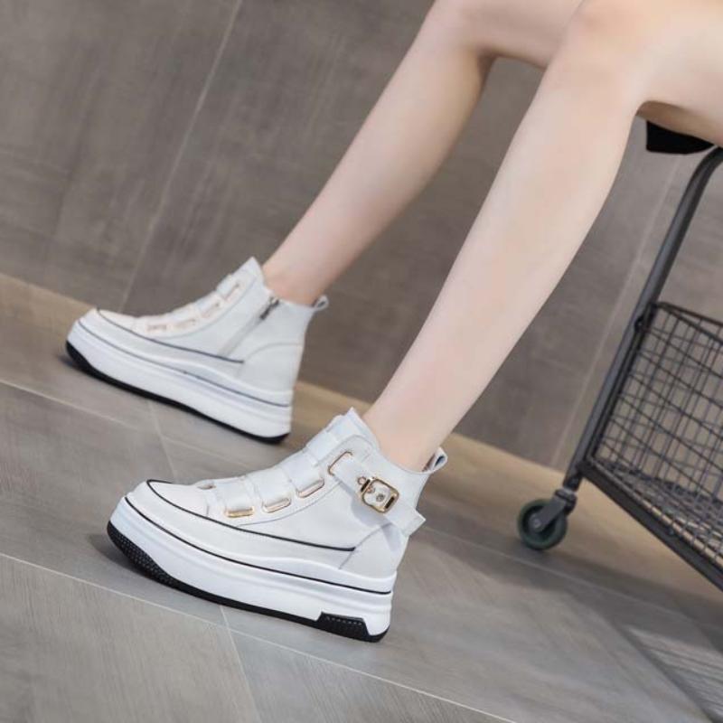 

Модные Новые 10см Натуральная Кожа 2025 Платформа Клин Полусапожки До Щиколотки Нескользящий Скрытый Каблук Новая Женская Обувь Слипоны Осень Весна 35 белый