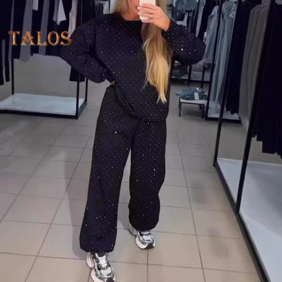 2 Teile/satz Damen Top Hosen Anzug Rundhals Langarm Strass Dekor Sweatshirt Elastische Taille Weite Bein Hose Alltagskleidung Sport Outfit Herbst