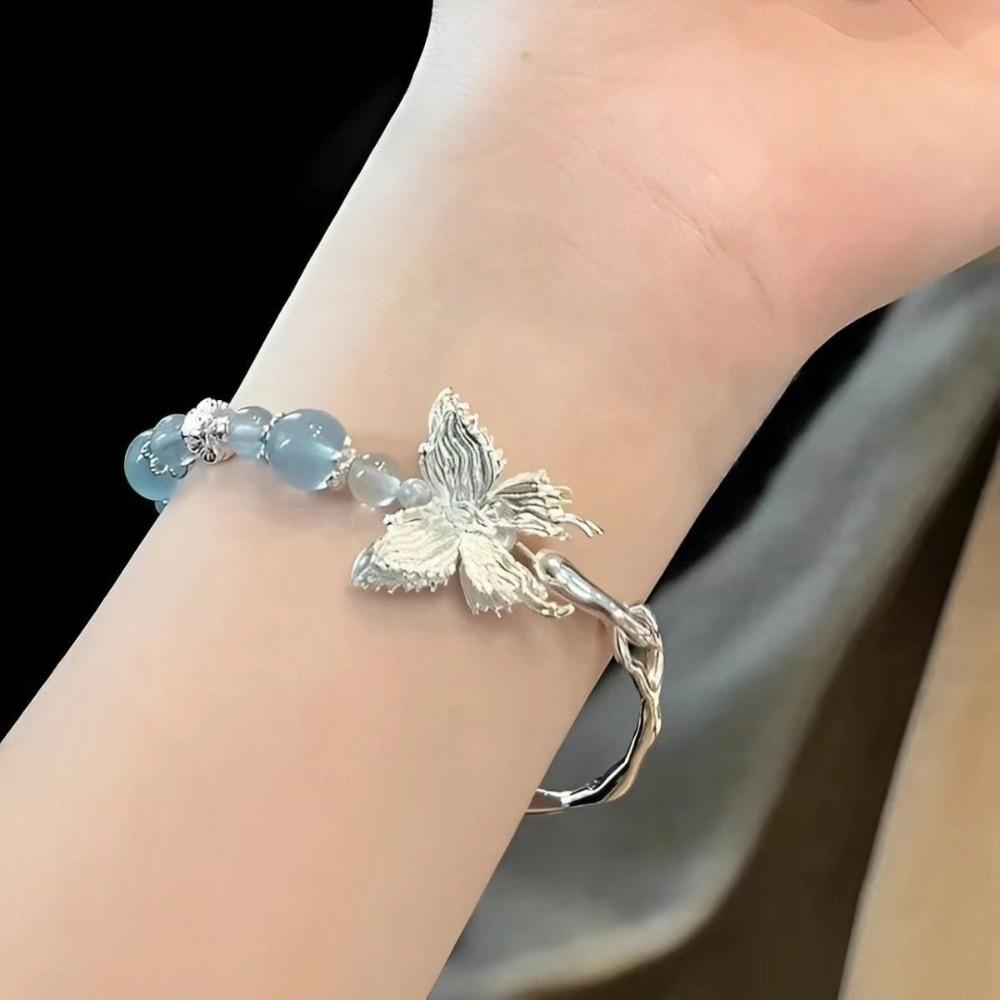 Beaded Chain Retro Tassel Bells Bangle Adjustable Crystal Glass Beaded Bracelet  For Women Blue B