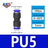 Pneumatic Nylon Air Hose Quick Connect Fittings: PU Straight, PY 5-Way, Cross 4-Way, PZA 3-Way, PE Connector with White/Blue Cap