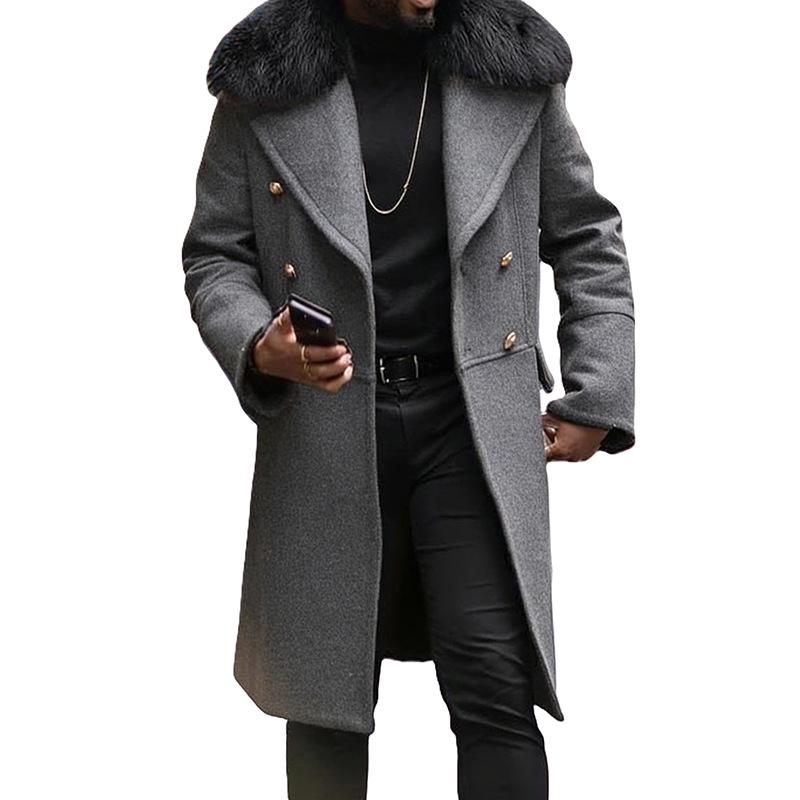 Herren Zweireihiger Wollmantel mit großem Pelzkragen