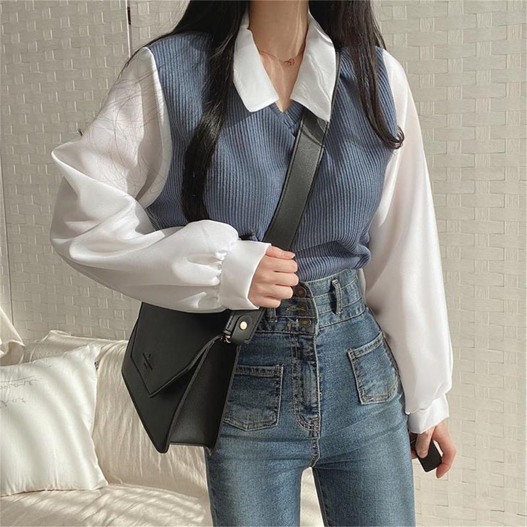 Blouse Women False Two-piece Collar Blouses Tops Streetwear Loose Youth Pullovers Elegant Shirt