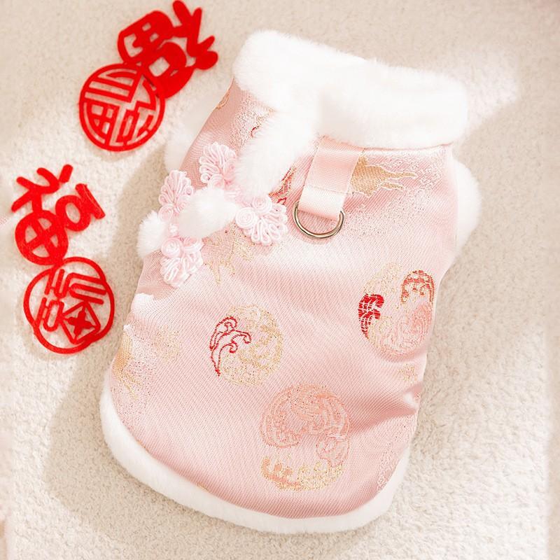 Pet Winter Vest Dogs Cats With Scarf Chinese Style Festive Outfit Warm Fleece Lined Dog Coat New Celebration