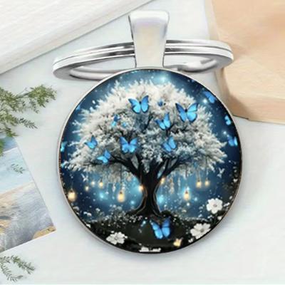 Elegant Round Glass Alloy Keychain Featuring a and the Tree of Life.