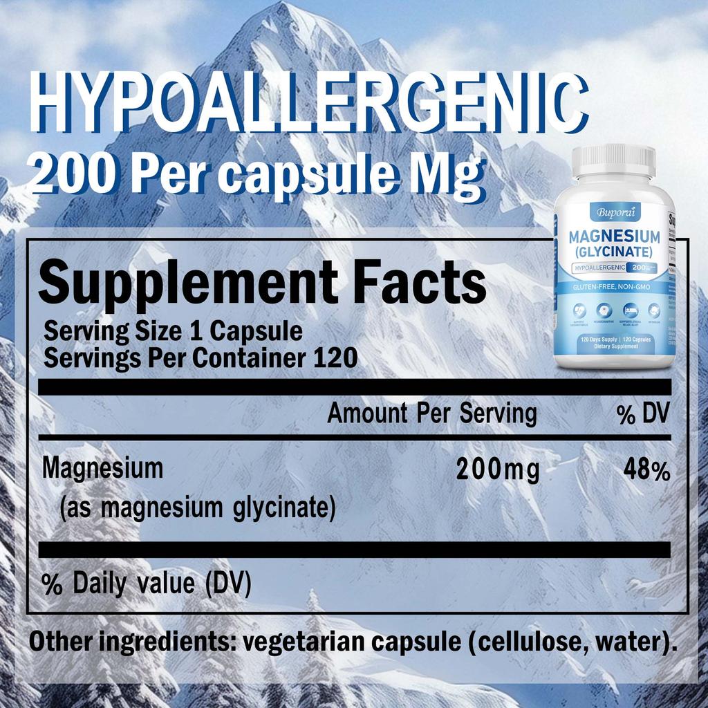 Magnesiumglycinat-Extrakt, 200 mg, mit hoher Absorptionsrate, hilft, Geist und Körper zu entspannen und Emotionen zu beruhigen.