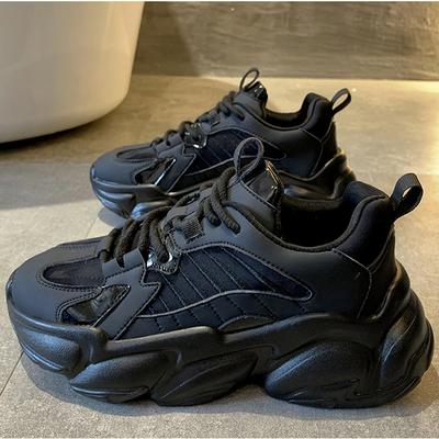 Schnür-Sneakers Schwarz Weiß Casual Leder Atmungsaktiv Wild Dickbesohlte Sport Vulkanisierte Schuhe Frühling Herbst Neu Für Damen
