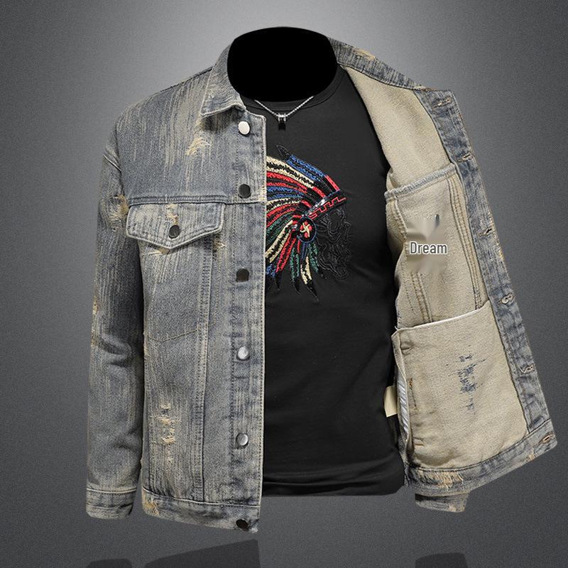 Men's Retro Ripped Washed Jacquard Denim Jacket - Casual & Cool