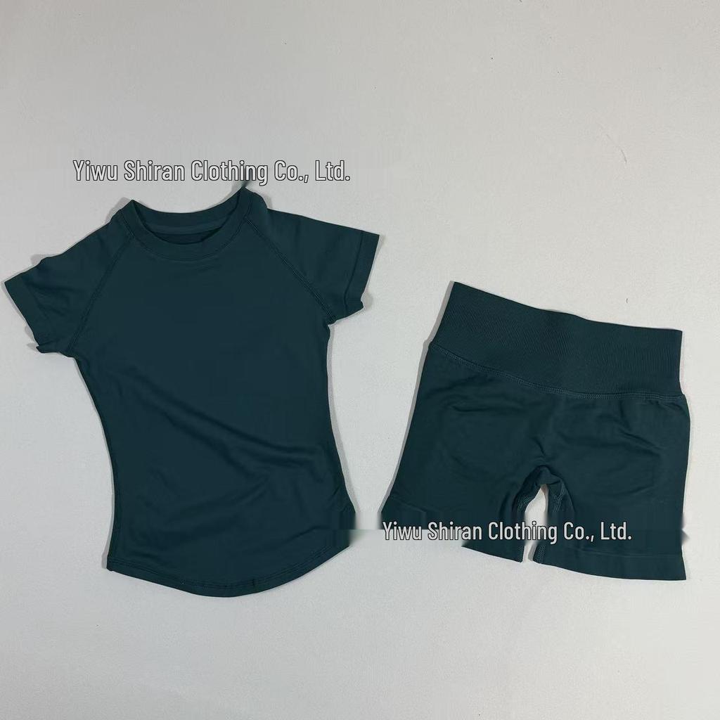Damen nahtloses kurzärmeliges Sportset mit hoher Elastizität und atmungsaktivem schweißableitendem T-Shirt