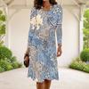 Women Plus Size Round Neck Long Sleeve Blue Beige Paisley Printed A Line Dress