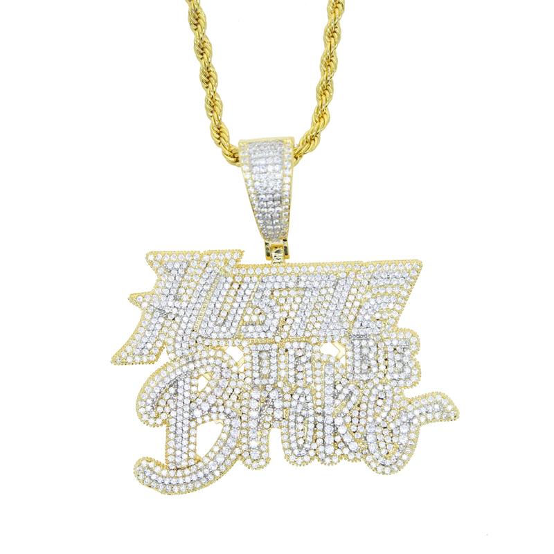 New Fashion Hip Hop Bling Cubic Zircon Paved Hustle Letter Pendant Necklace with Rope Chain Men Punk Jewelry