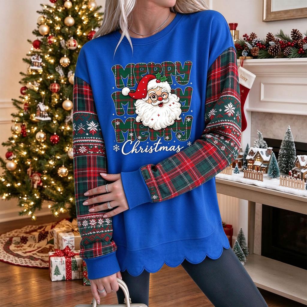 Women's Loose Drop Shoulder Long Sleeve Christmas Print Sweatshirt with Scalloped Wavy Hem Crewneck Pullover