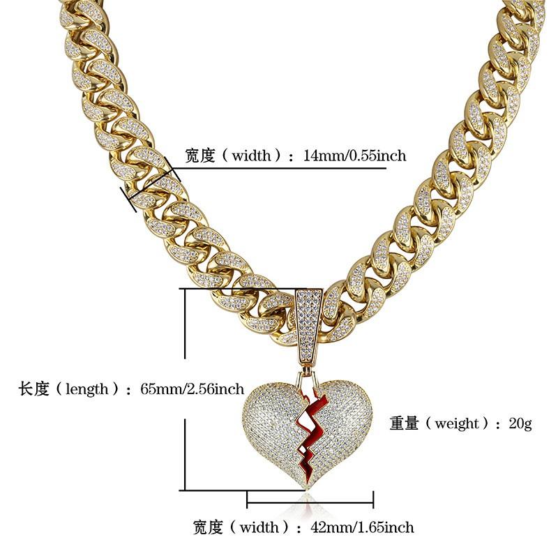 Heart Shaped Broken Pendant Couple Necklace Hip Hop Full Zircon Gold Colorful Two Tone Jewelry