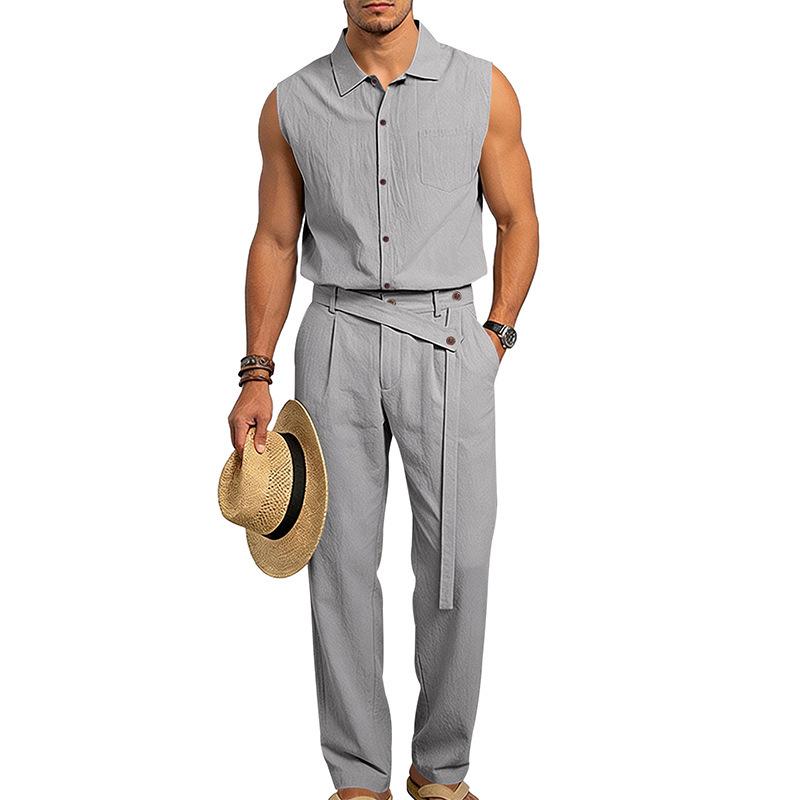 Men's European Summer Linen Sleeveless Shirt & Long Pants Set - Breathable & Trendy Two-Piece
