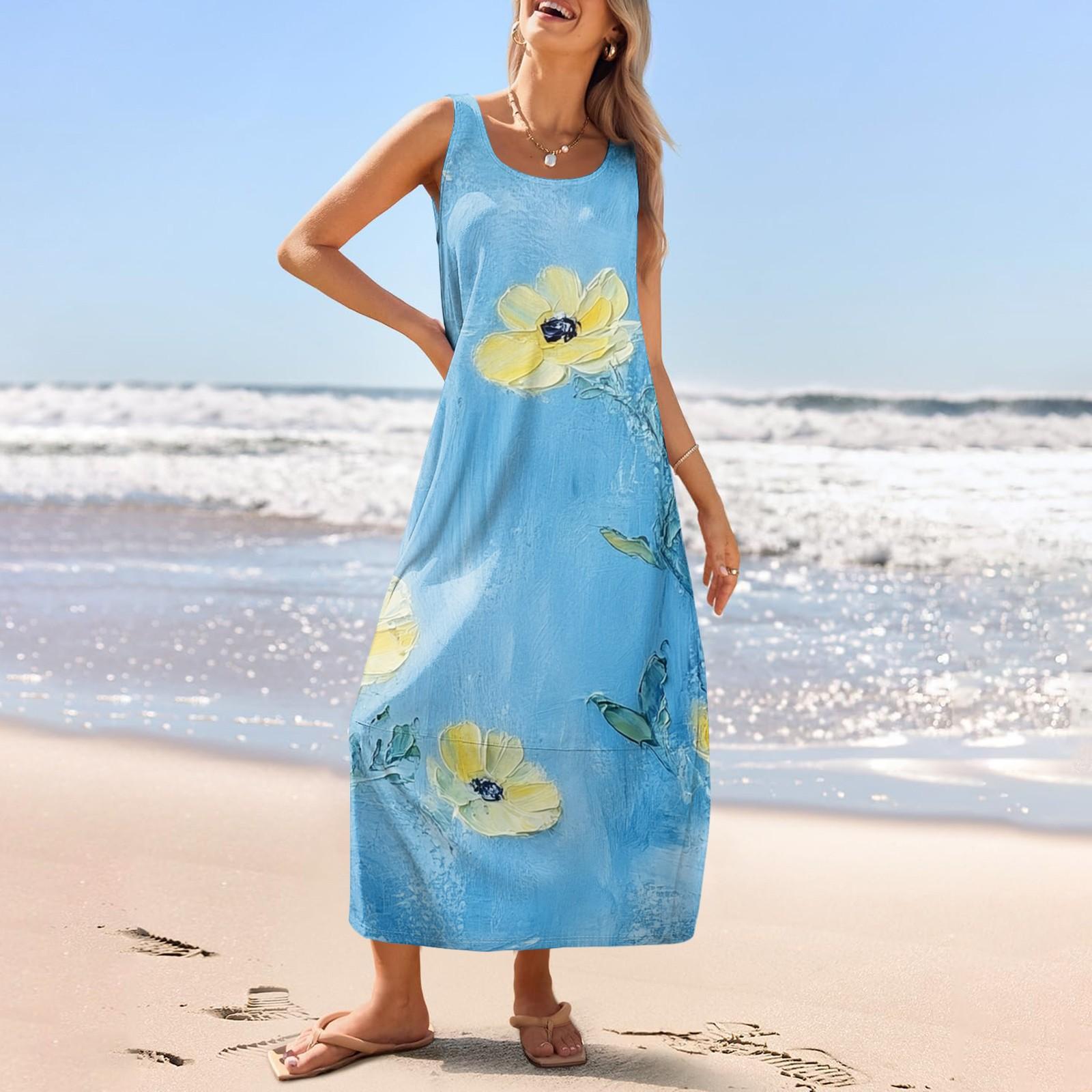 

Женский повседневный длинный сарафан, летнее пляжное платье, круглый вырез, без рукавов, свободный сарафан XXL