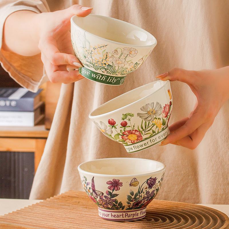 Flowering Hat Bowl Glazed Color Household Ins Style Tableware High Foot Rice Bowl Noodle Bowl Ceramic Rice Soup Bowl