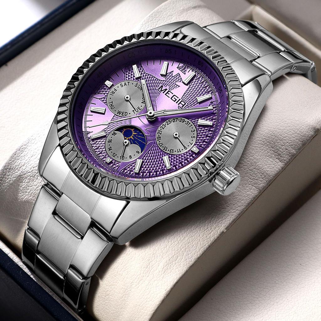 Men's Quartz Watches Stainless Steel Strap Couple Bracelets Wristwatch with Day Date 24-Hour Moon Phase Function Relogio Womens Watch