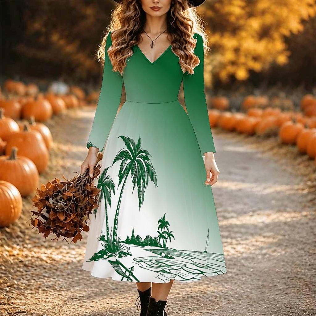 Halloween Women's Gradient Solid Print Midi Dress A Line Dress Vacation Casual Daily Regular Fit Long Sleeve V Neck Black Spring Fall