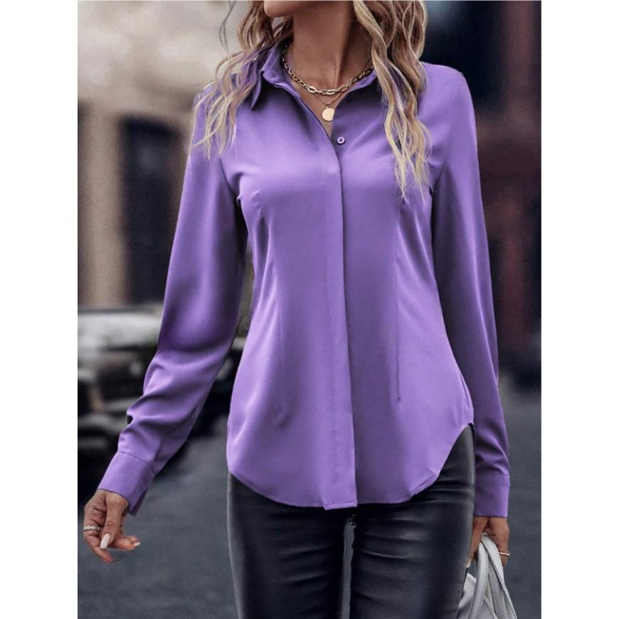 Women's Commuting Style Slim Fit Cardiga Button Double Door Tube Satin Lapel Long Sleeved Blouses & Shirts