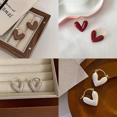 French Romantic Wine Red Enamel Heart Shaped Pendant Earrings  Jewelry For Women Eardrop Accessories