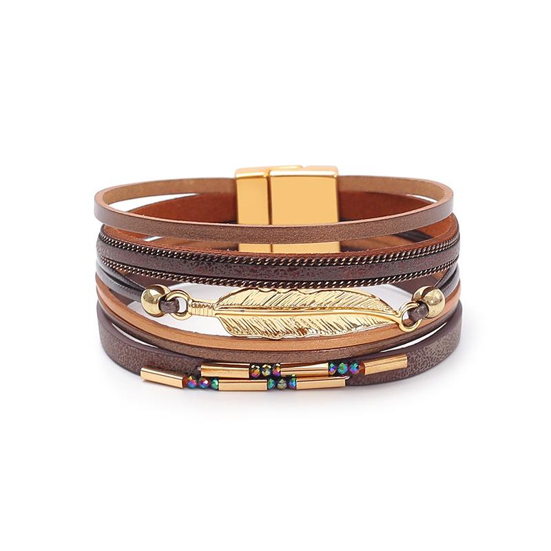 Bohemian Style Multi-layer PU Leather Bracelet Women's Leaf Magnet Buckle Jewelry Accessories