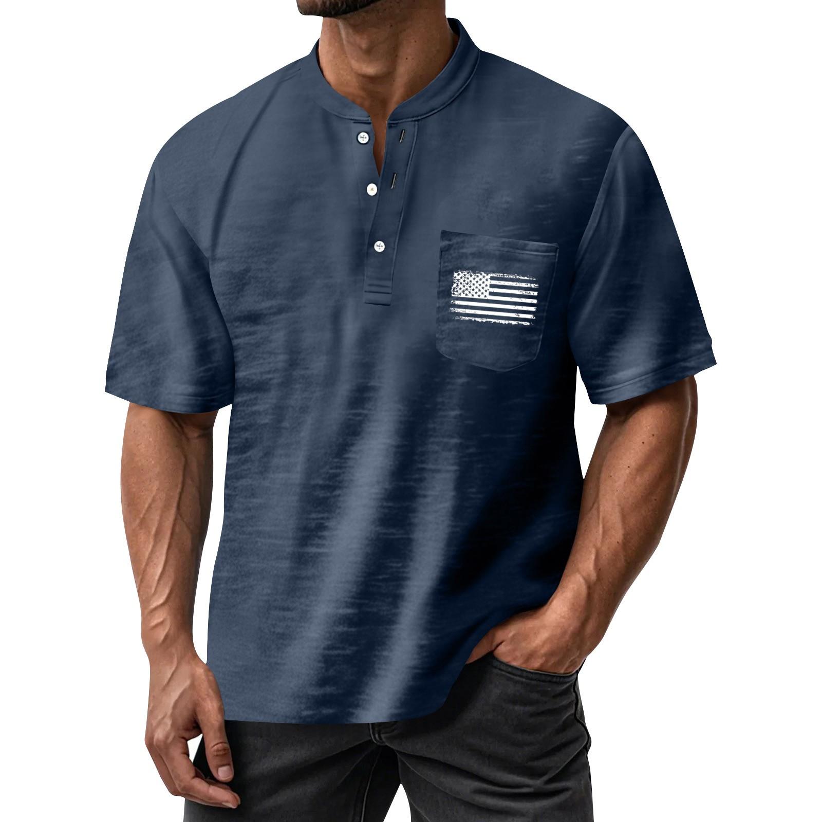 Men s Summer Independence Day Pattern Round Neck Short Sleeve T-Shirt Neck Men s All- Casual Button Shirt XL тёмно-синий