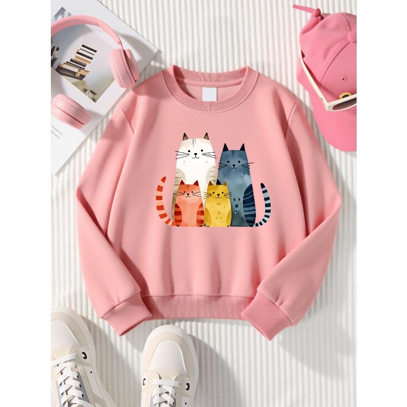 Girls' Soft Crewneck Sweatshirt, Cute Watercolor Cat Family Print Design with Cute Creative Print, Casual All-Match for Fall Winter