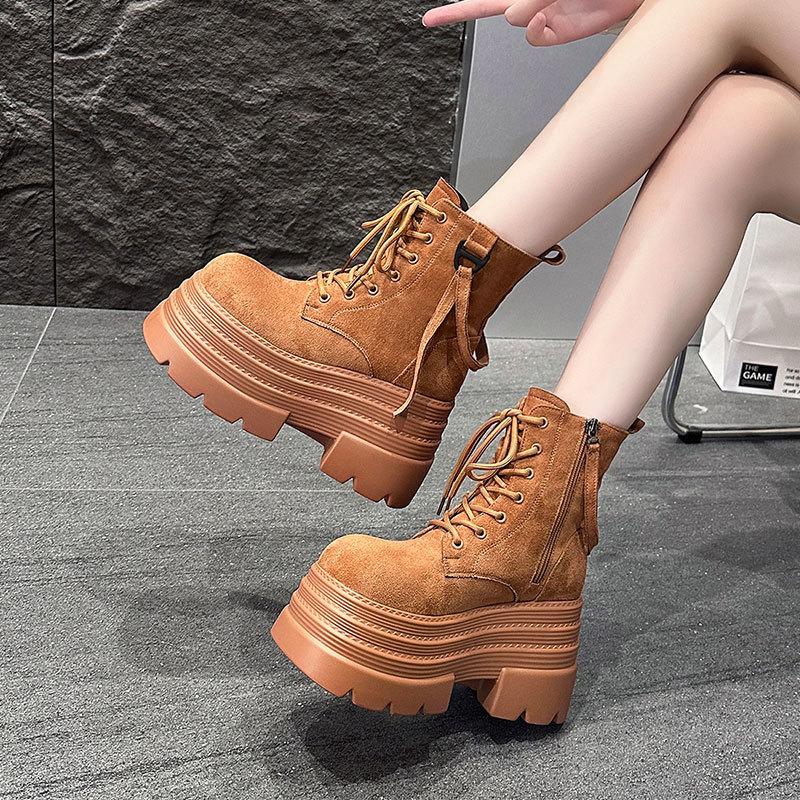 British Martin Boots Women's Autumn and Winter New Single Boots Retro Lace-up Thick-soled Heightening Muffin Thin Short Boots