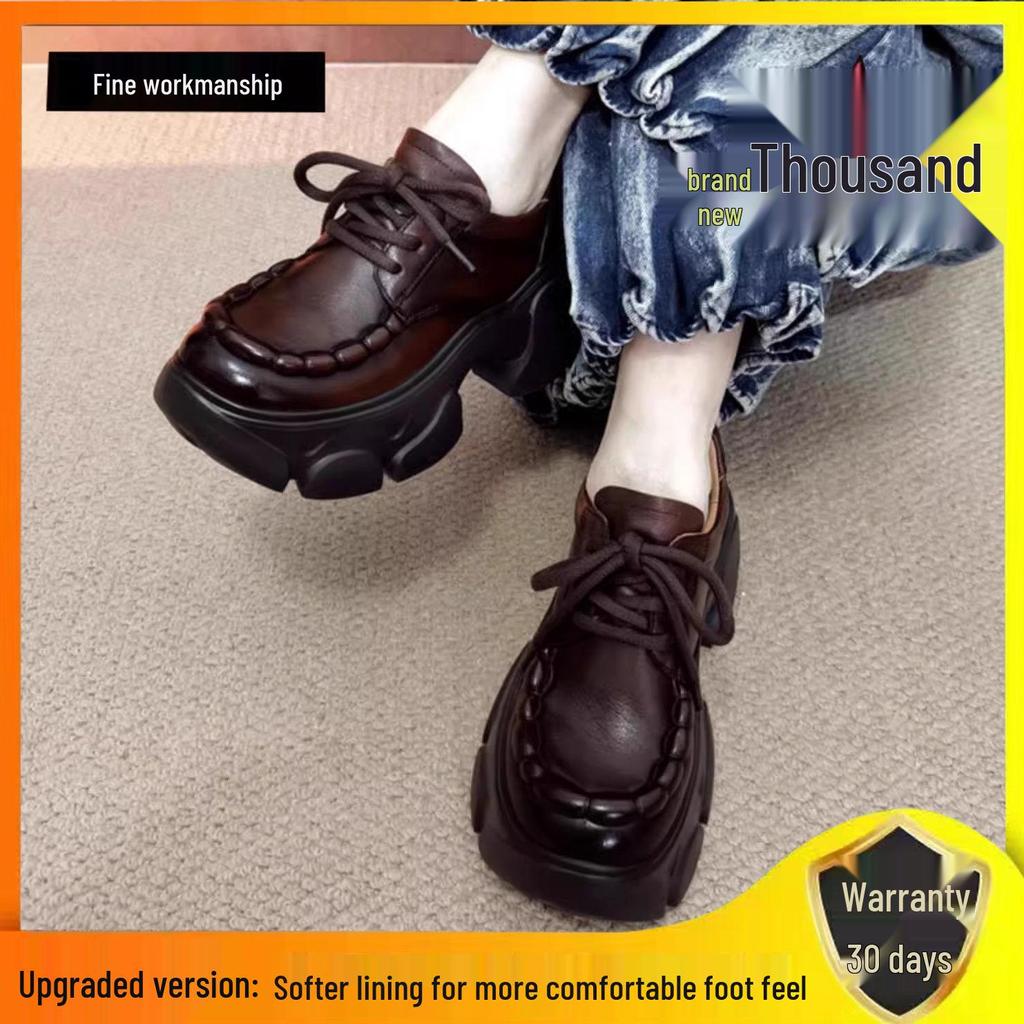 Spring 2025 Retro Chunky Heel Women's Genuine Leather Shoes - Handmade, Round Toe, Lace-Up Platform Design