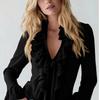 2026 French Elegant Ruffle Solid Color V-neck Bubble Sleeve Shirt