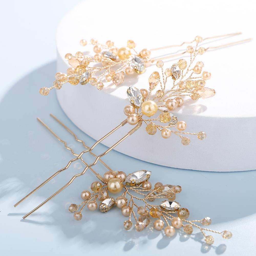 3 Pcs Pearl Rhinestone Bridal Headpiece Handmade Silver Gold Wedding Hair Pins Party Hair Accessories for Women and Girls Tiaras