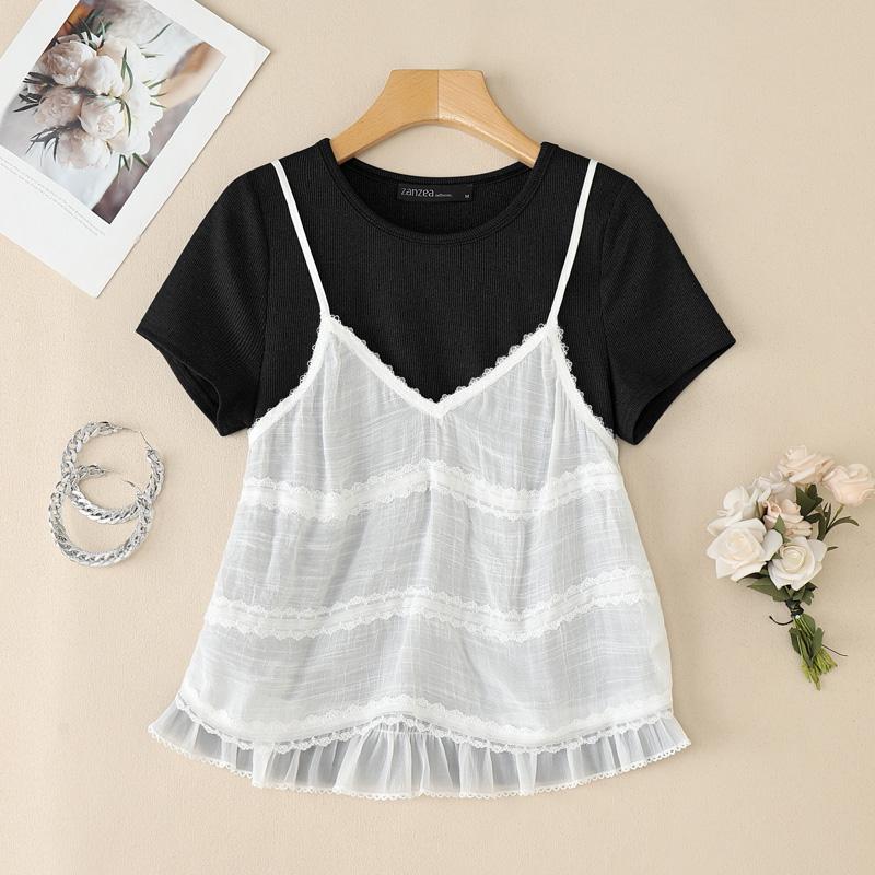 ZANZEA Women Summer Round Neck Patchwork Short Sleeve T-Shirts