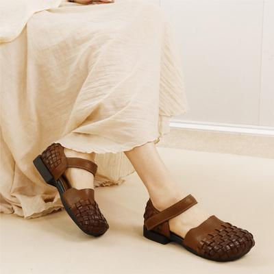 Chaussures pour femmes en cuir véritable à bout carré, sandales tissées polyvalentes à talon bas