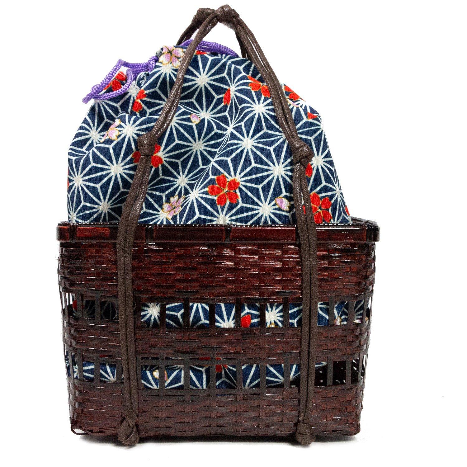 

[KYOETSU] Kyoetsu Bag, Basket Bag, Yukata Bag, kg-07, Women s (Basket - Dark Brown x 6, Navy Pattern)