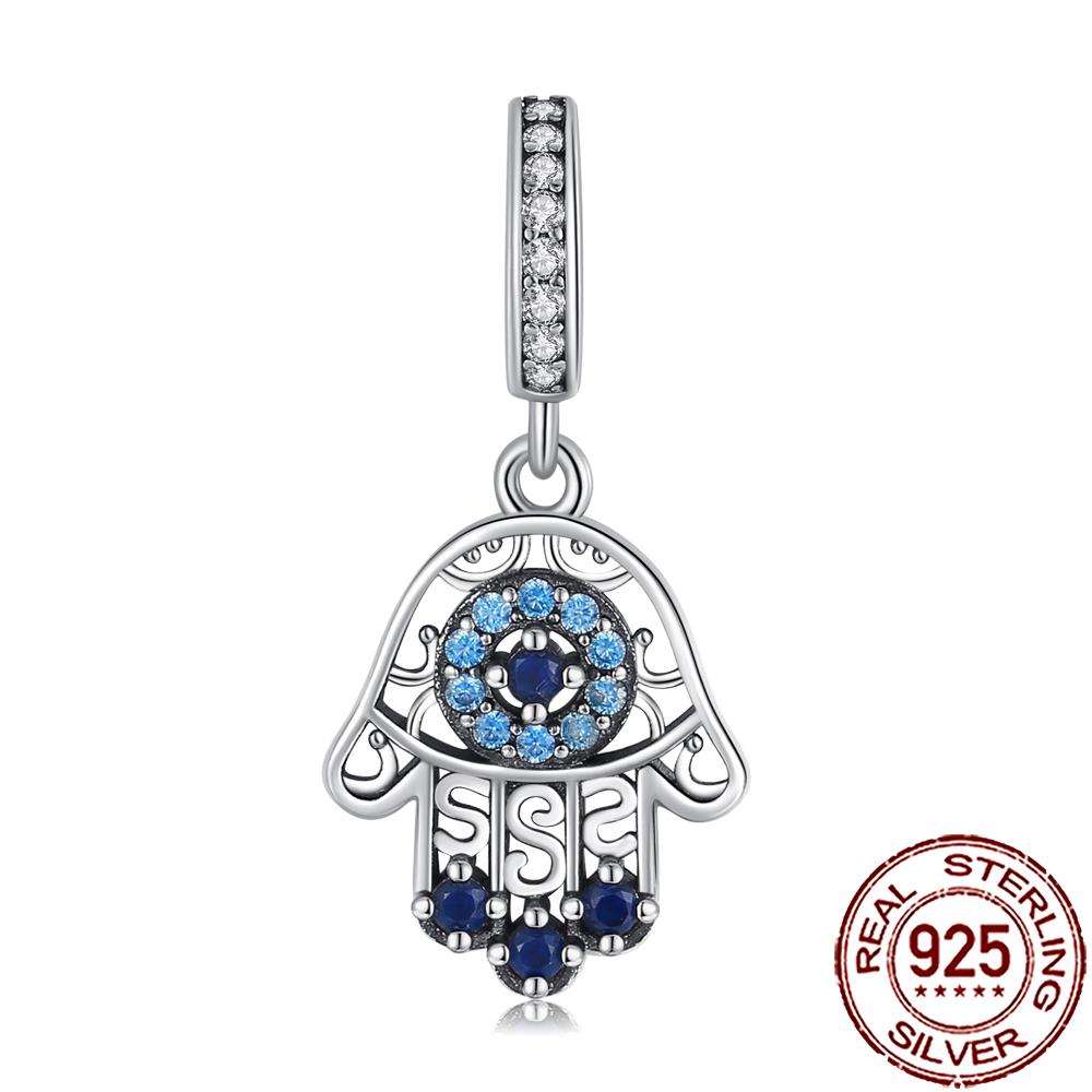 925 Silver Hamsa Hand Charm with All Seeing Eye Lucky Beads Fit for Bracelet Necklace DIY Jewelry Making