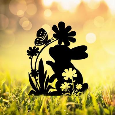 Hasen-Gartenstatuen – Hasen-Gartendekoration aus Metall. Schwarzer Silhouette Tiere Pfahl. Rasenornament für den Außenbereich als Gartendekoration.