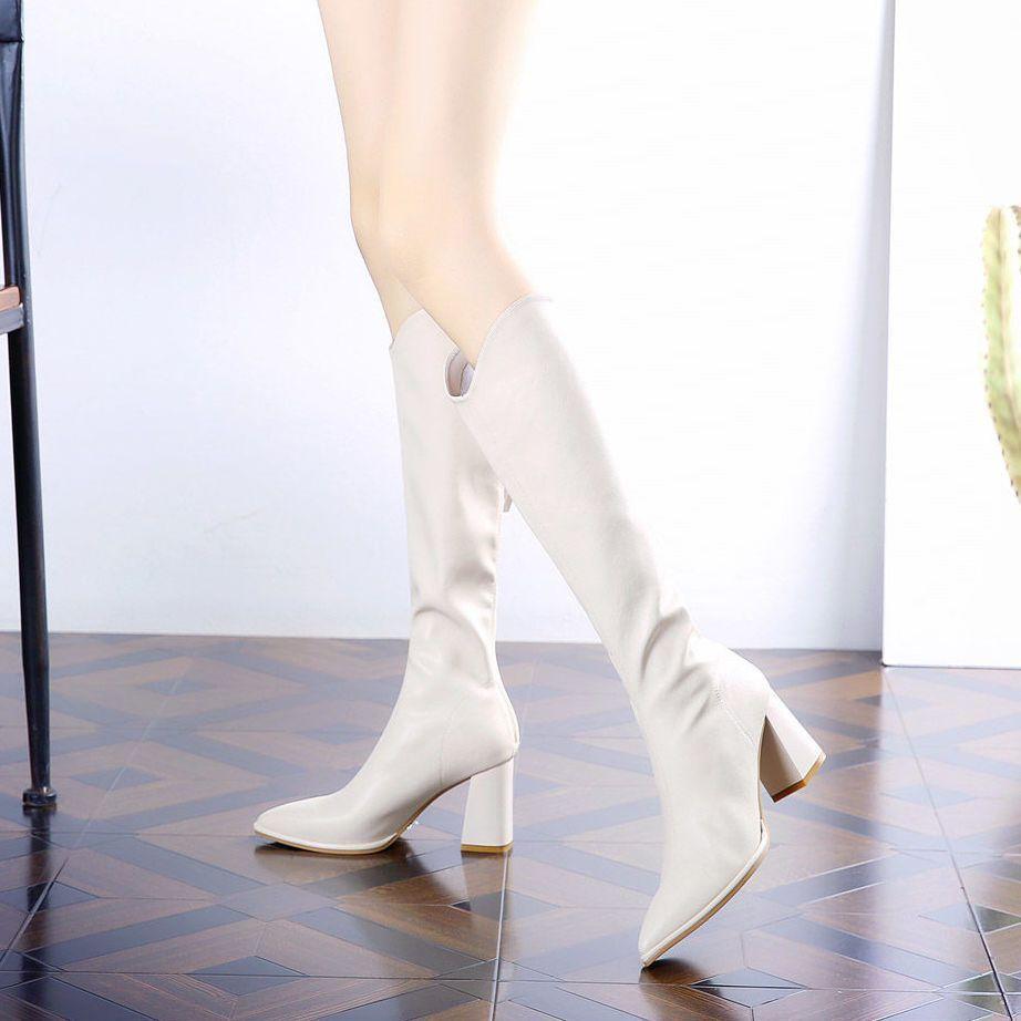 Fashion Leather Pointed Toe Women's Long Boots Autumn Winter High Heels Ladies Knee High Shaft Shoes Gothic Cosplay Pu Elegant Footwear