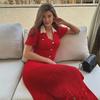 Women Fashion Contrast Single Breasted Knitted Dress Lapel Short Bubble Sleeve Hollow Out Slimming Long Dresses