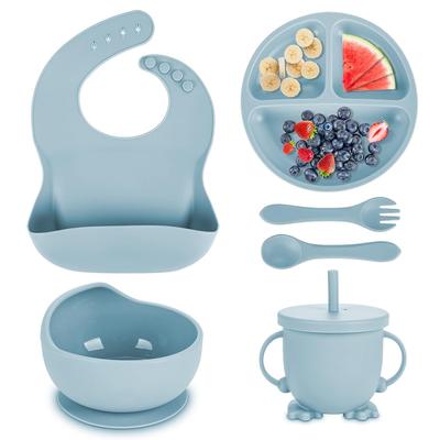 Juego de platos para niños, vajilla de silicona para bebés, juego de 6 uds. De cuenco con ventosa, babero, taza, tenedor, cuchara, suministros maternos e infantiles sin BPA