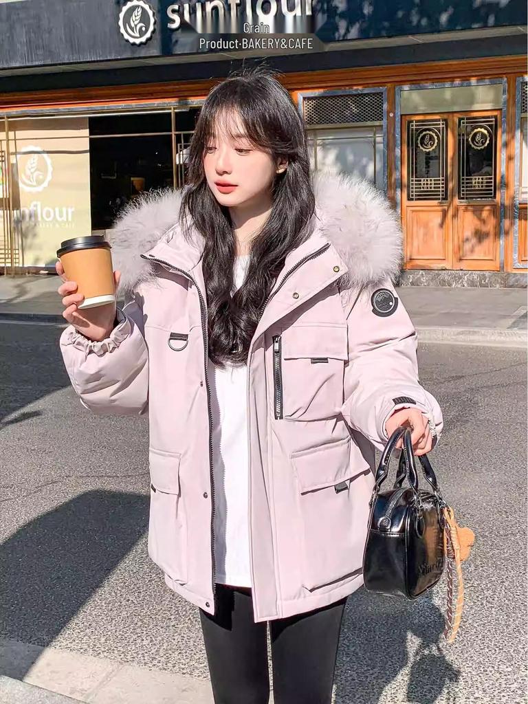 Women's 2025 Outdoor Workwear Short Down Jacket with Big Fur Collar - Loose Korean Style 90% White Duck Down Parka Coat