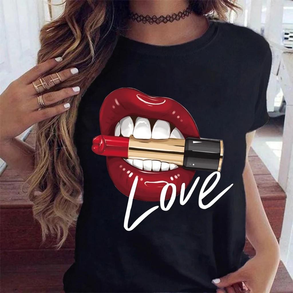 

Women Tops Oneck Sexy Black Tees Kiss Lip Funny Summer Female Soft T Shirt Lips Watercolor Graphic T Shirt Top9180 S
