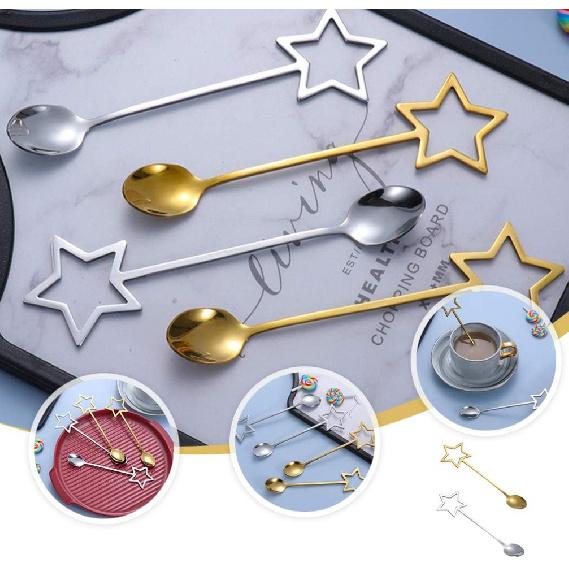 Hemoton Five-Pointed Star Dessert Spoon Set Stainless Steel Gold Coffee Tea Ice Cream Spoons 5.7 Inch Star Handle Flatware for Kitchen Dining